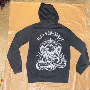 Ed Hardy graphic zip up Hoodie Black XL NWT
